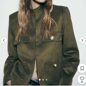 ZARA Olive Green Suede Women's Jacket with Gold Buttons - Size XL
